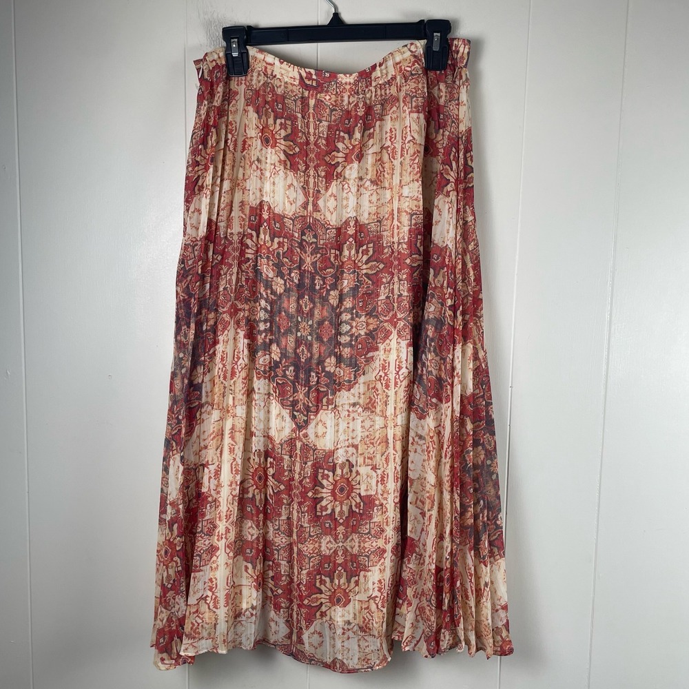 Anthropologie Akemi Kin Floral Maxi Skirt Red Beige Pleated Size L‎ - Picture 2 of 9